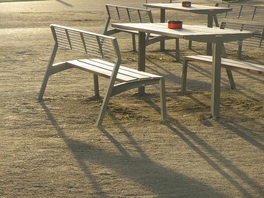 bench, tables, outdoor, seating, garden furniture, shadow, absence HD wallpaper