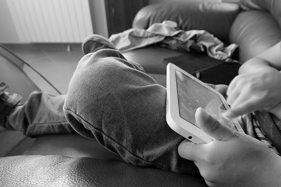 Tablet, Technologies, sitting, black and white, indoors, close-up HD wallpaper