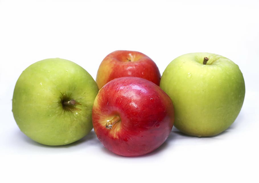 two red and two green apple fruits, apples, fresh, health, healthy HD wallpaper