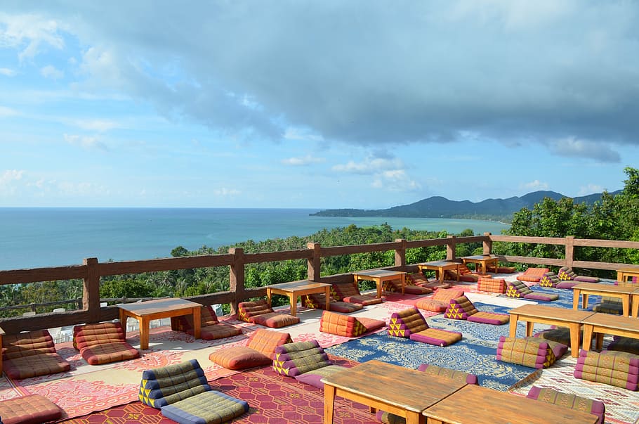 terrace with view of body of water, kohphangan, thailand, nature, HD wallpaper