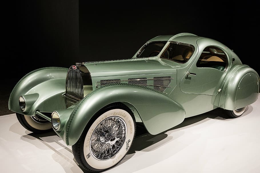 classic green coupe, car, 1935 bugatti type 57s aerolithe, art deco