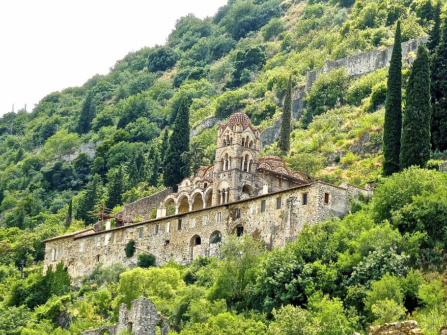 temple, mountainside, greece, monastery, mystra, roman, classic HD wallpaper