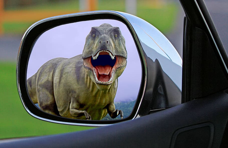 vehicle side mirror showing dinosaur, wing mirror, behind, chase