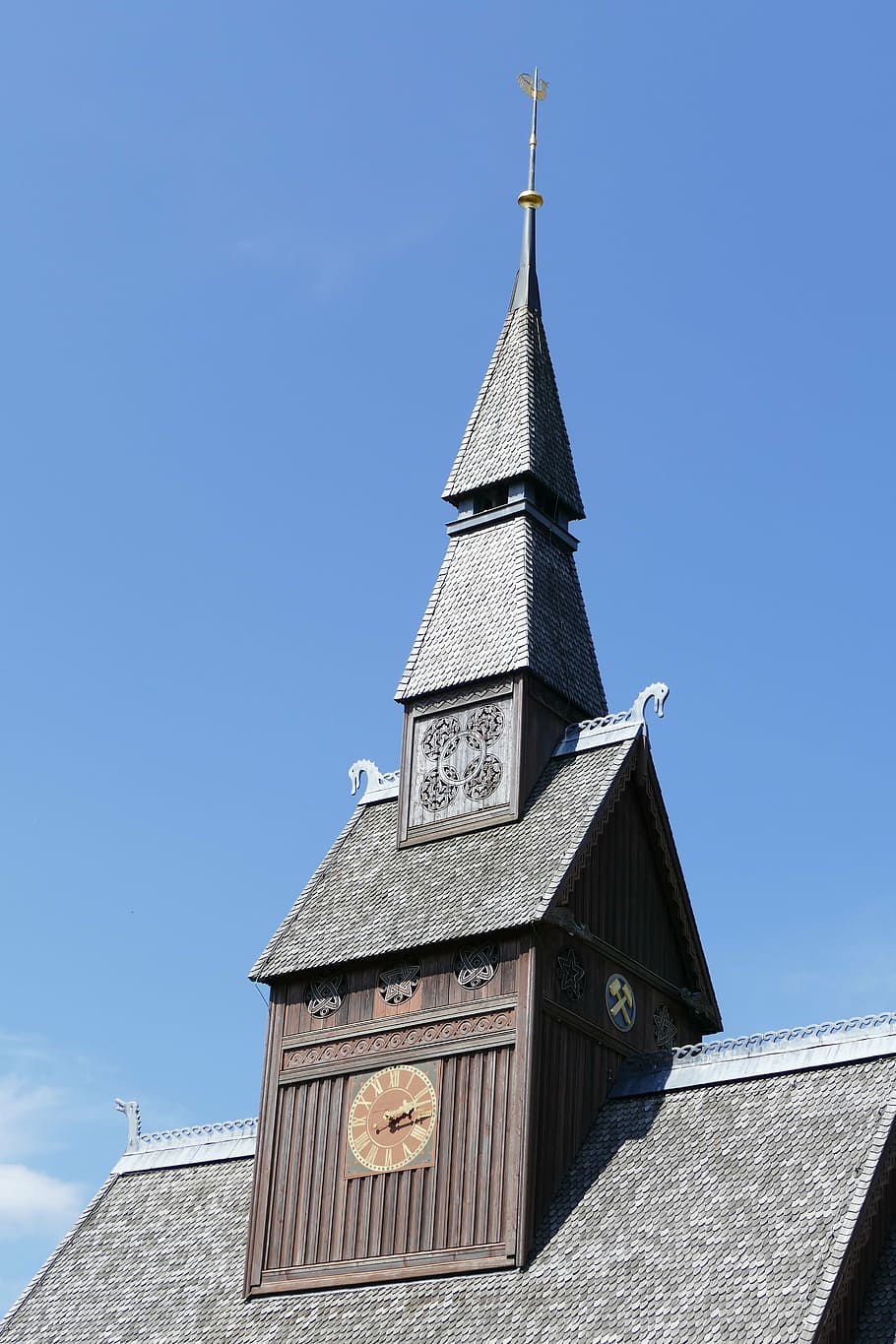 stave church, bell tower, clock tower, roof, goslar-hahnenklee, HD wallpaper
