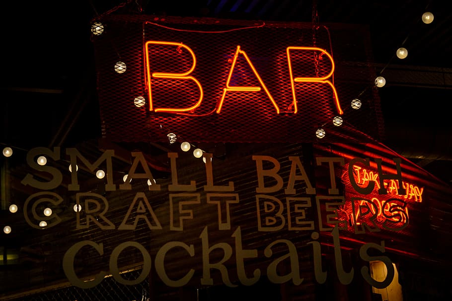 bar neon signage, orange BAR neon sign, light, window, illuminated