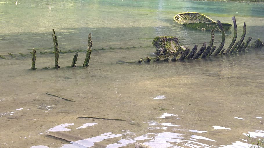 skeleton, lake, green, barca, shipwreck, asturias, water, sea HD wallpaper
