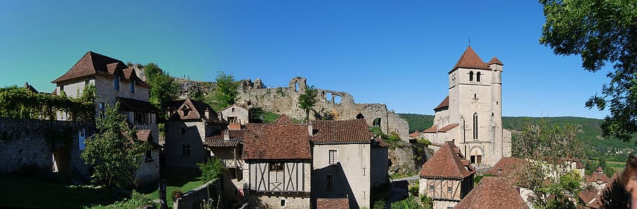 lot, lapopie, panoramic, stud, ruin, church, houses, architecture HD wallpaper