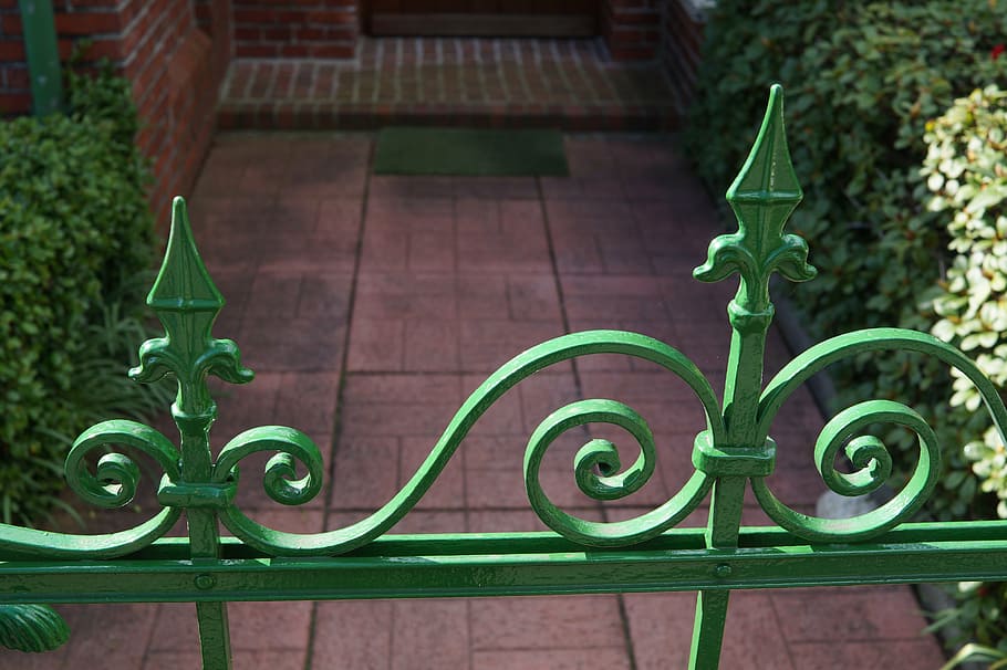 door, goal, metal, input, security, old, green, ornament, plant HD wallpaper