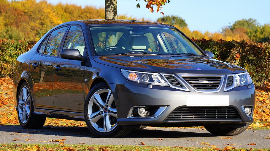 black sedan near black tree, car, saab, automobile, reflection HD wallpaper