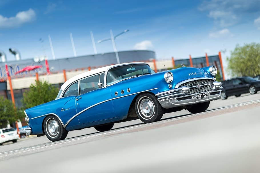 blue car on road, buick, special, 1955, old, classic, vintage HD wallpaper