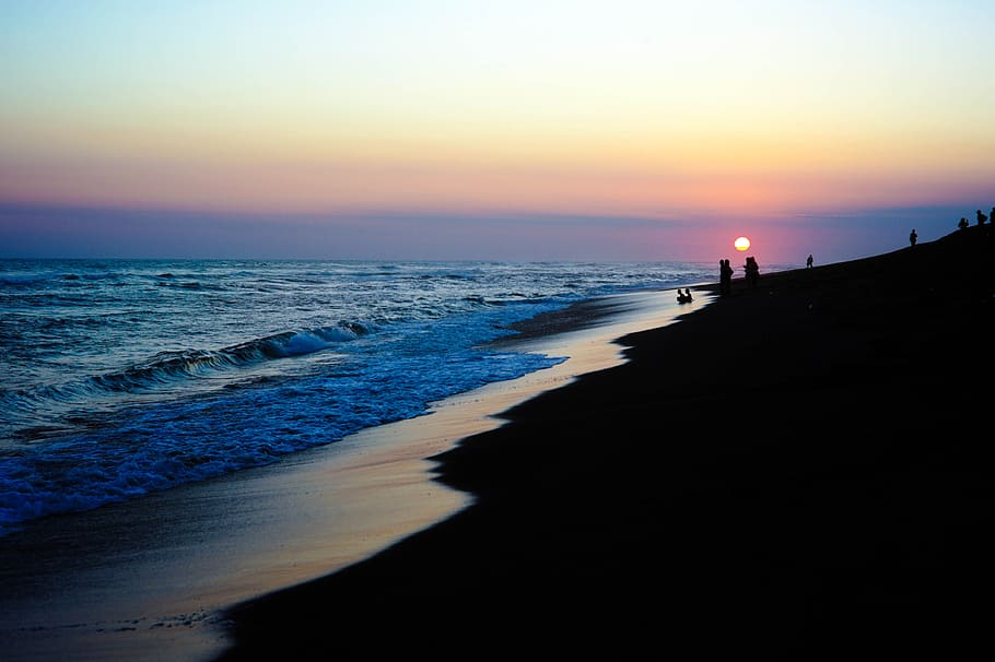 photography of silhouette of people on seashore, silhouette of people on beach HD wallpaper