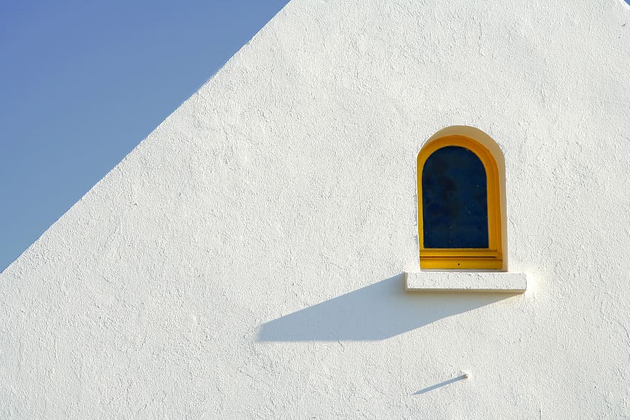 closed window, minimal, white, yellow, blue, sky, shadow, minimalism