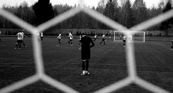 action, athletes, ball, barbed wire, black and-white, conifers HD wallpaper