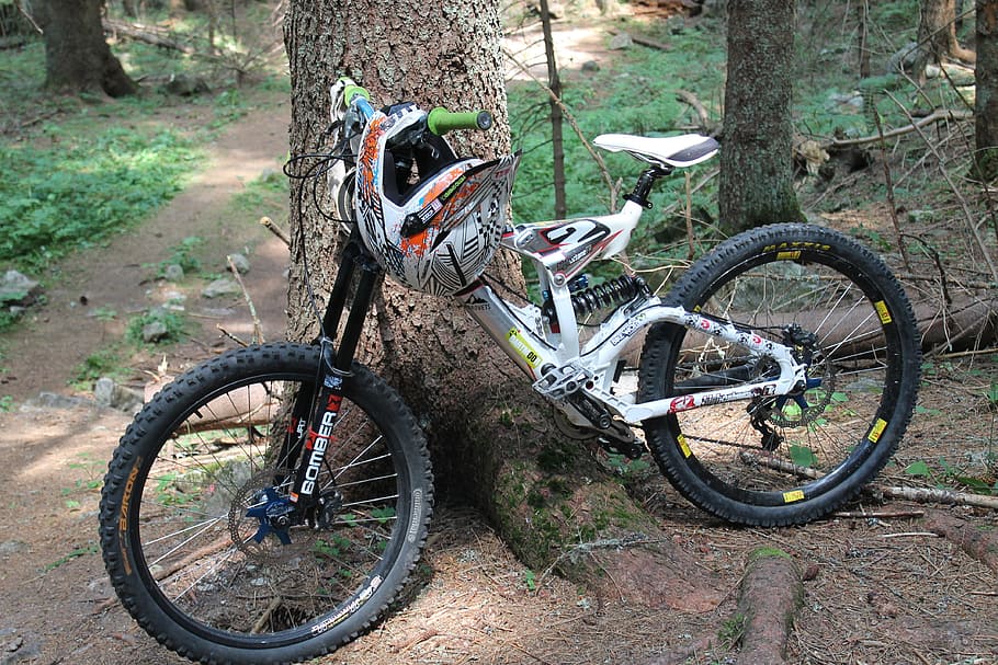 wheel, mountain, helmet, forest, mountain bike, bicycle, transportation HD wallpaper
