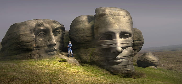 person's faces rock formation near green grass field, fantasy HD wallpaper