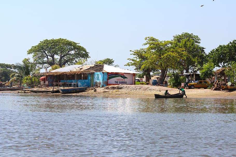 river scene, gambia, fishing village, africa, boat, pirogue