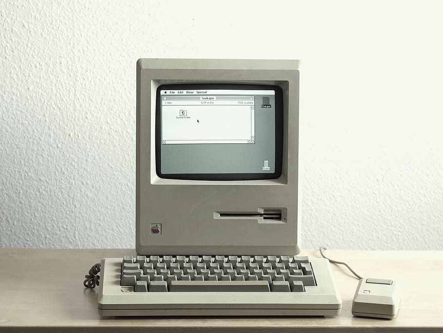 turned-on white computer, monitor, macintosh, technology, oldschool