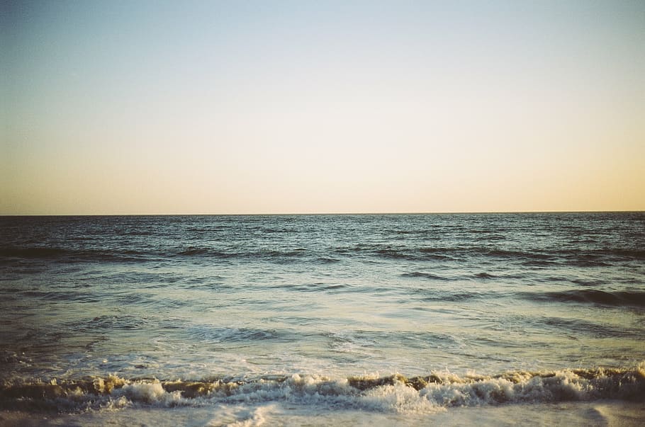 seashore under clear sky, body, water, sunset, beach, waves HD wallpaper
