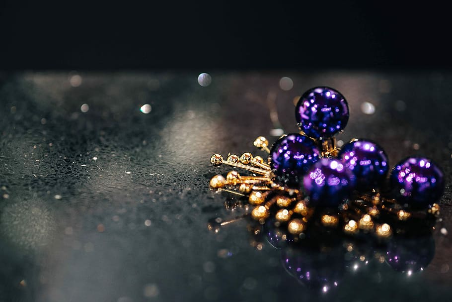 Golden and blue christmas ornaments, decoration, bauble, shiny, HD wallpaper