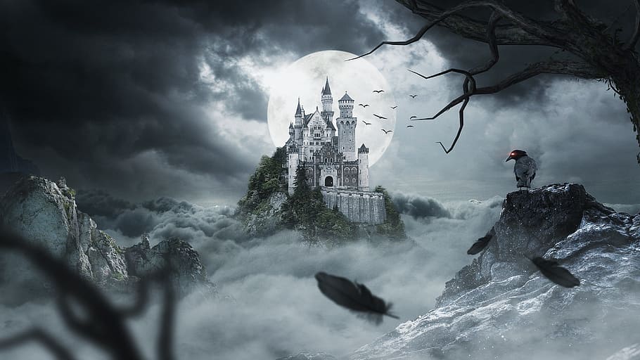 castle on top of hill painting, night, crow, fantasy, cloud, moon