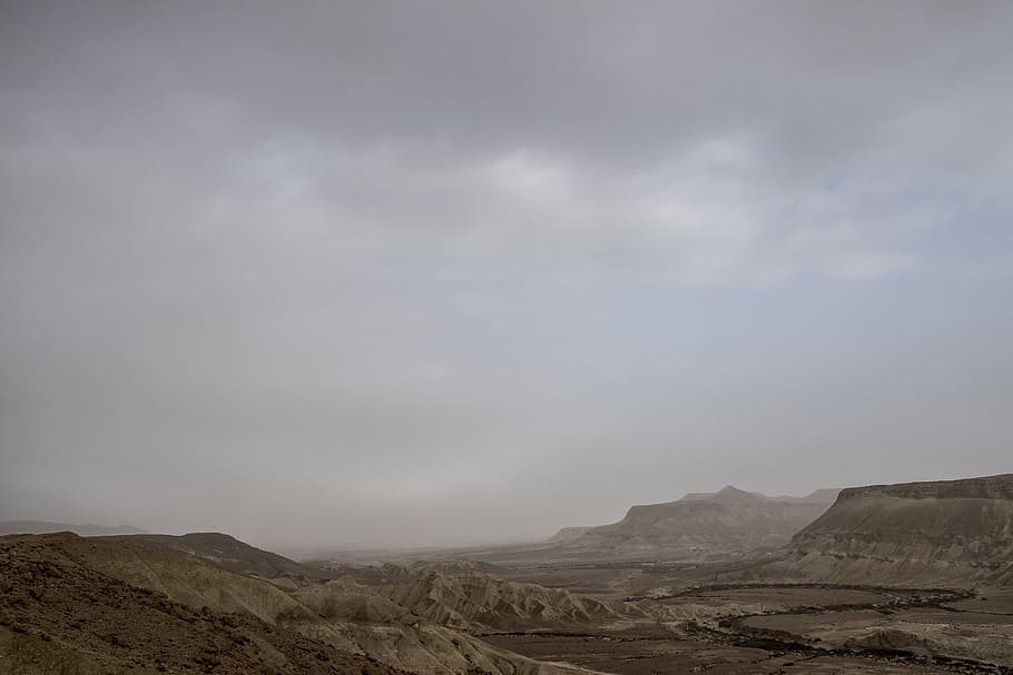 photo of valley under blue sky, brown sand under gray sky, negev desert HD wallpaper