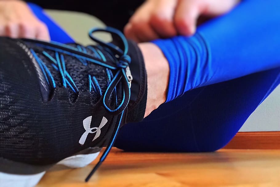 black and blue Under Armour athletic shoe, run, workout, fitness, HD wallpaper