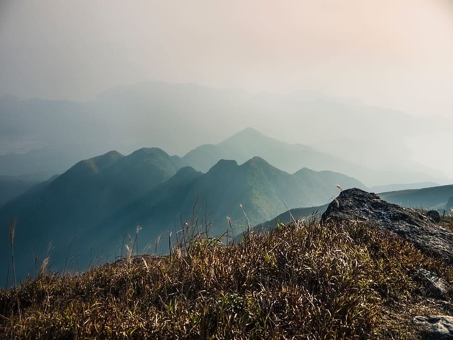 mountain, volcano, nature, landscape, sky, clouds, grass, summit HD wallpaper