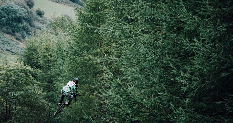 green trees, bicycle, racing, race, cyclist, cycling, jumping HD wallpaper