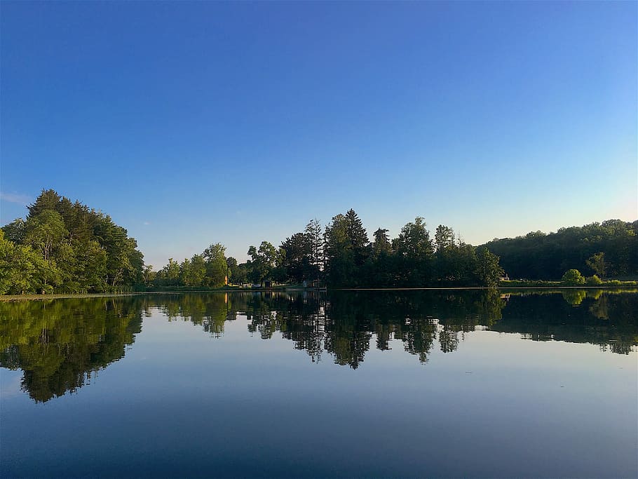 lake, reflection, summer, trees, shoreline, landscape, nature HD wallpaper