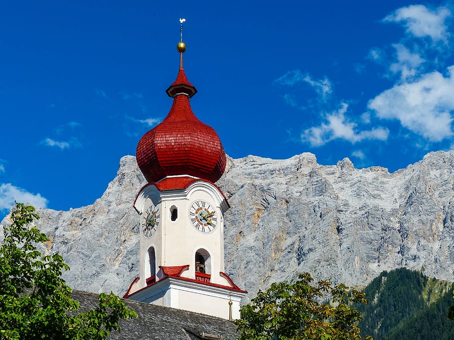 parish church to the hl, catherine, ehrwald, zugspitze, mountains, HD wallpaper