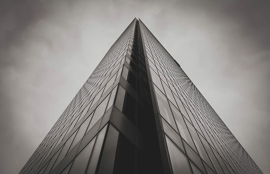 worm's-eye view photography of gray building, grayscale photography of curtain glass building HD wallpaper