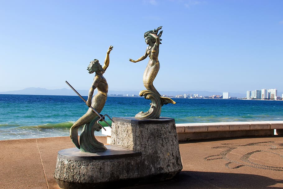 brown concrete mermaid statues during daytime, Sculpture, Landmark, HD wallpaper