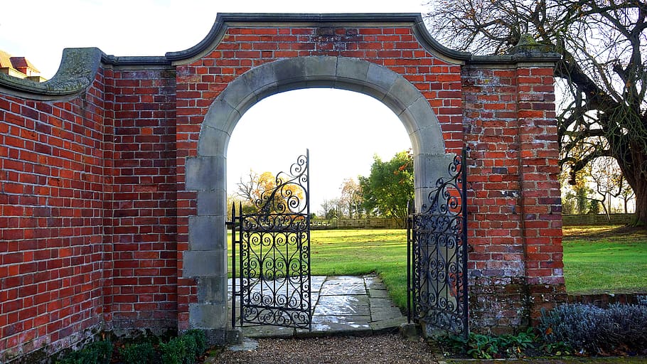 bricks, wall, garden, trees, daylight, design, entrance, estate HD wallpaper