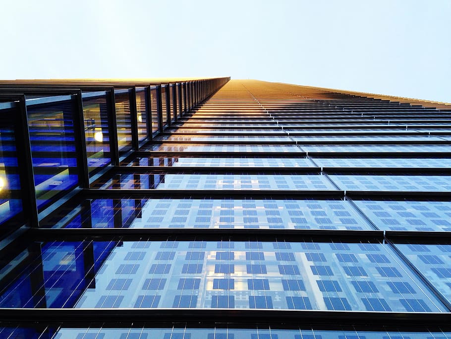worms eye view of black building during sunset, facade, modern HD wallpaper