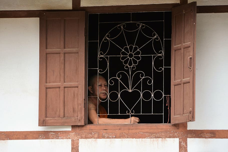 laos, vientiane, monk, wood - material, window, built structure, HD wallpaper