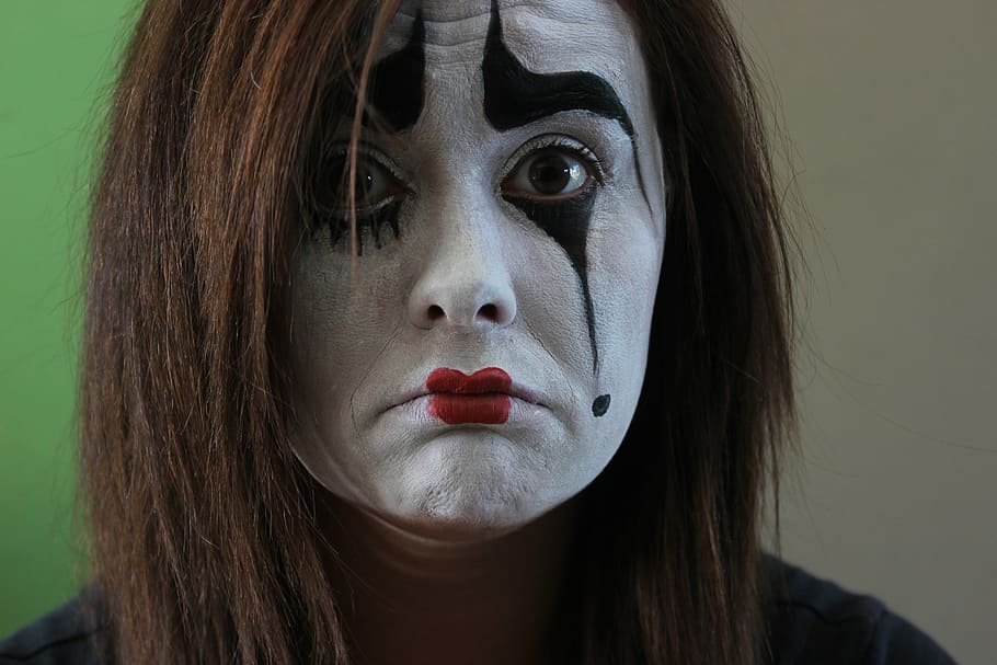 close-up photography of woman clown makeup, mime, brown eyes, HD wallpaper