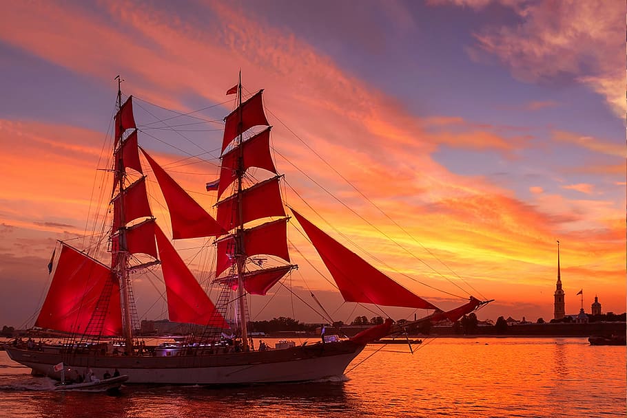white boat sailing in the ocean, scarlet sails, neva, evening, HD wallpaper