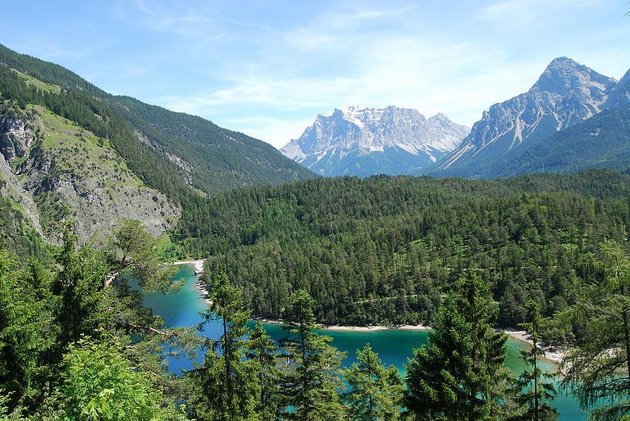 alps, landscape, mountain, river, views, mountain trip, forest HD wallpaper