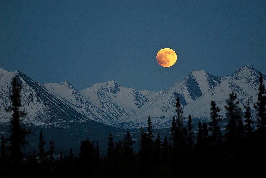 Moon over the Mountains at Denali National Park, Alaska, alaskan range, HD wallpaper