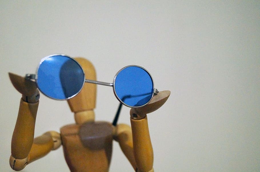 Glasses, Wood, Manikin, wood manikin, showing, blue, wooden, HD wallpaper