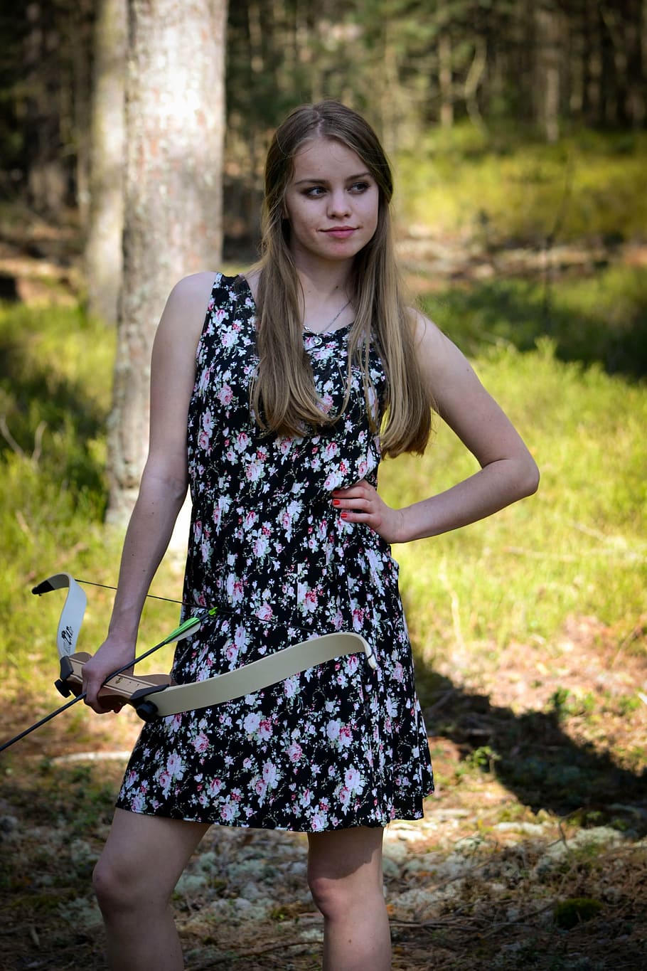 forest, bow, lady, beauty, young, woman, girl, nature, person HD wallpaper