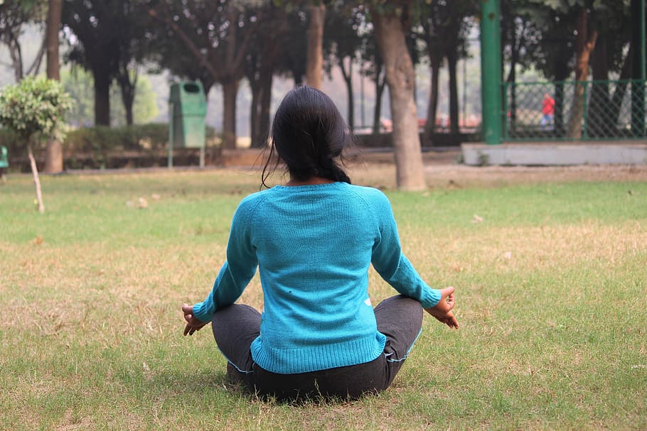 meditating woman on grass during daytime, meditation, girl, yoga