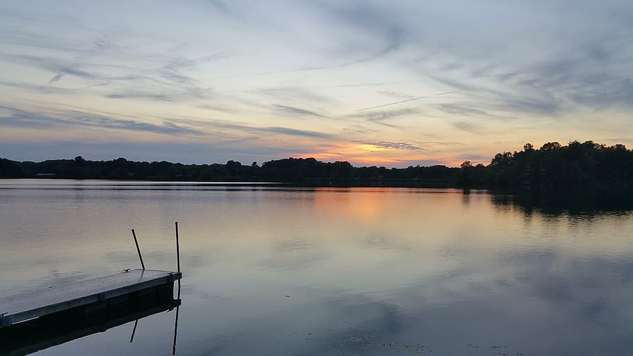 lake, sunset, water, dock, sky, cloud - sky, tranquility, beauty in nature HD wallpaper