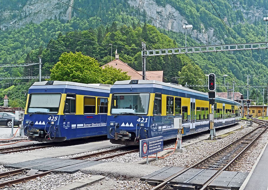 blue and yellow trains, switzerland, jungfrau region, bob, electric multiple-unit trains, HD wallpaper