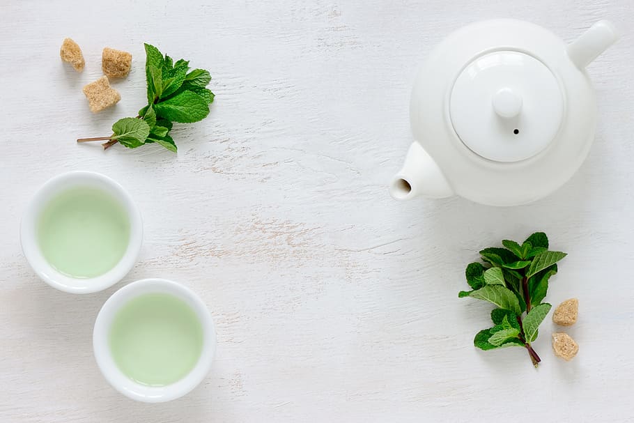 white ceramic teapot on white surface, green, green tea, leaf HD wallpaper
