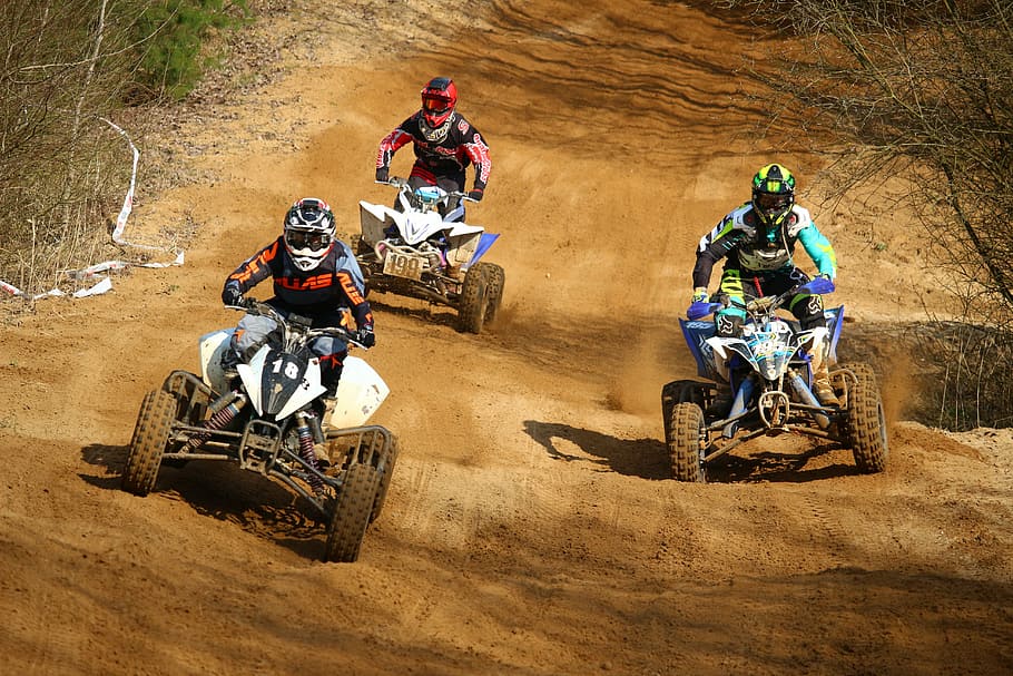 three man racing down the hill, motocross, quad, atv, race, all-terrain vehicle