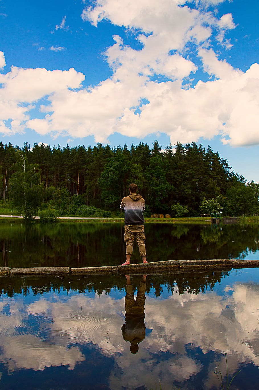 man, pond, water, sky, mirroring, blue, nature, swimming pond HD wallpaper