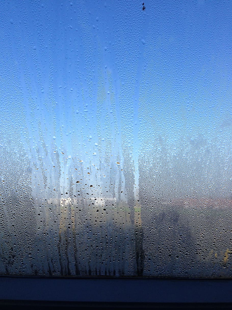 fogging, sky, glass, window, drops, blue, city, field, nature HD wallpaper