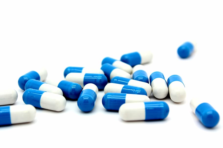 medication tablet lot, medicine, capsule, blue, white, food supplement, HD wallpaper