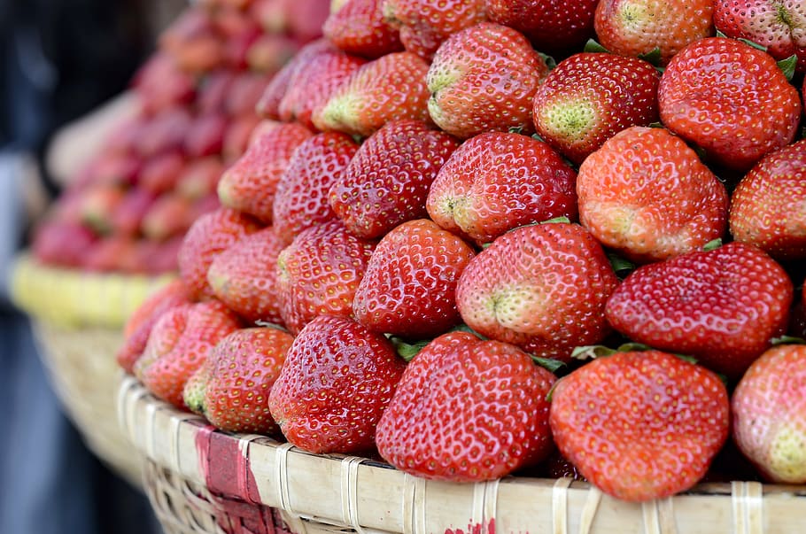 bundle of strawberries displaying on basket, red, dalat, vietnam HD wallpaper